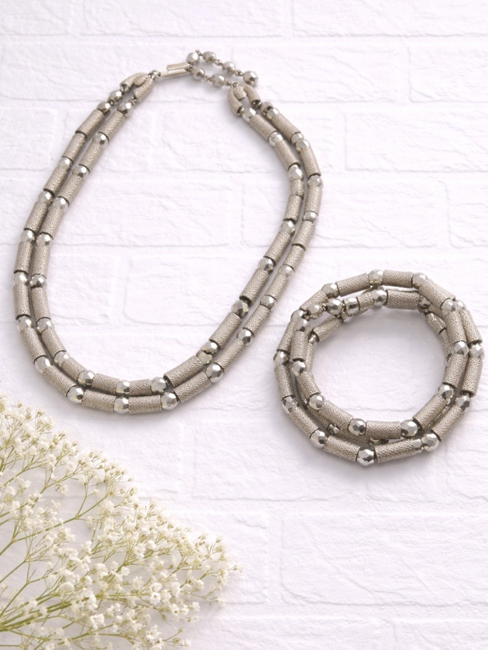 Vintage Trifari Silver-Tone Textured Multi-Strand Necklace and Bracelet Set